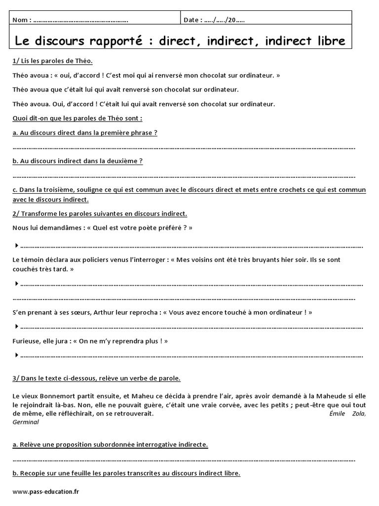 Exercice Discours Direct Indirect Indirect Libre Directs Et Indirects 3ème Exercices Corrigés Sur Les Discours Rapportés PDF  | PDF