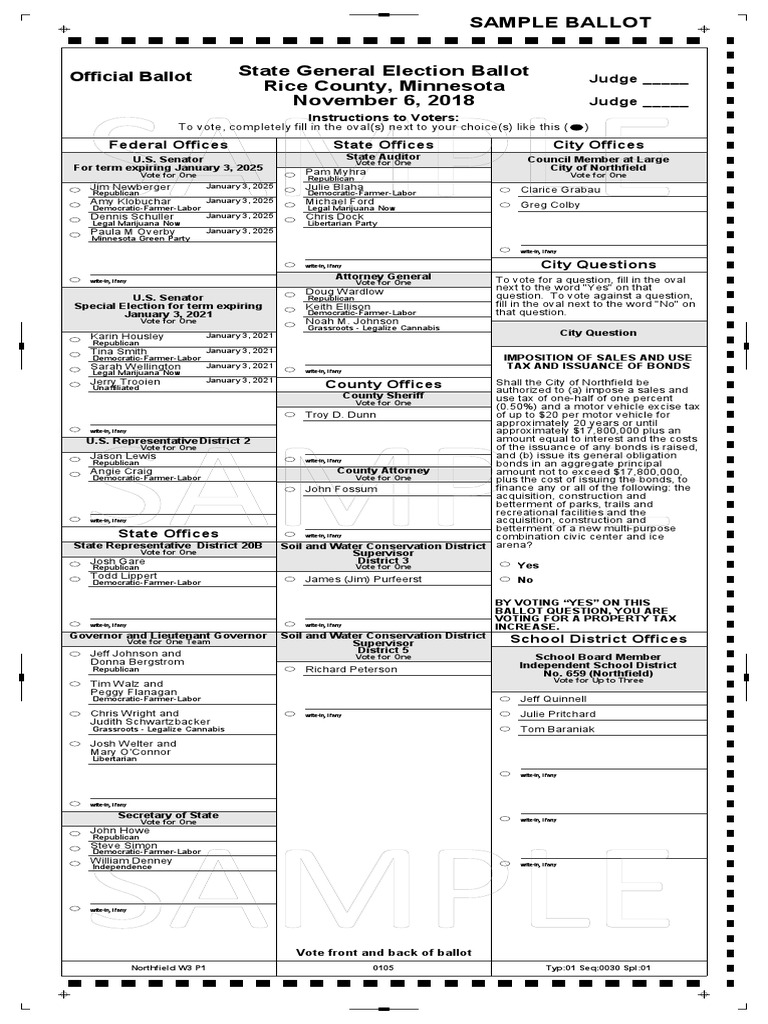 Sample Northfield ballot, provided by Office of the Secretary of State