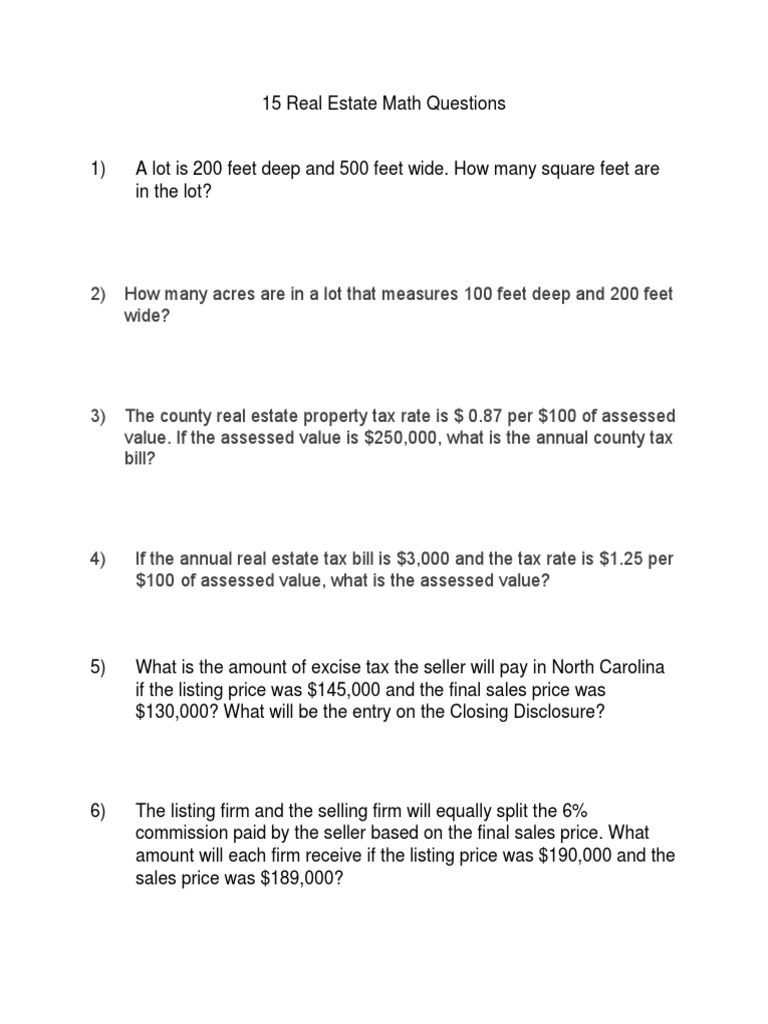 15 Real Estate Math Questions | Pdf | Loans | Taxes