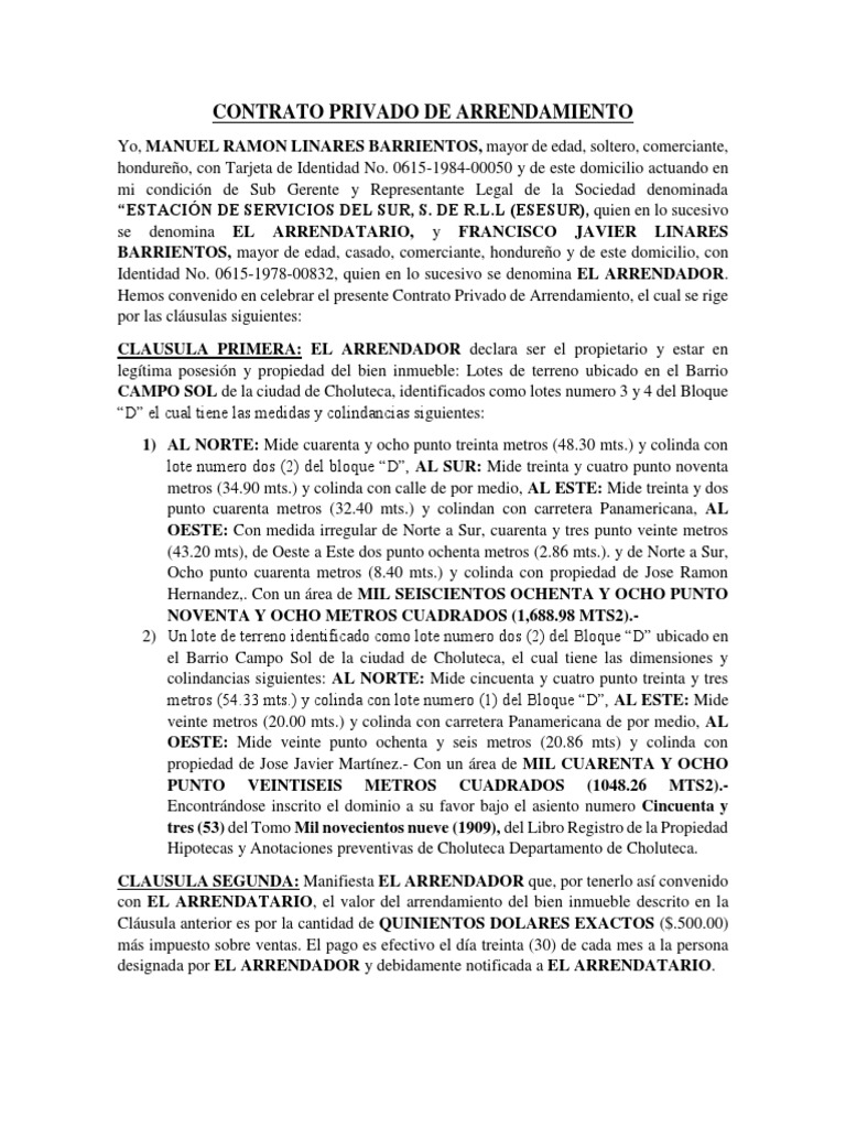 Contrato de Arrendamiento Esesur Alquiler Honduras