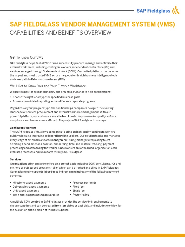 Sap Fieldglass Vendor Management System (VMS) Capabilities and