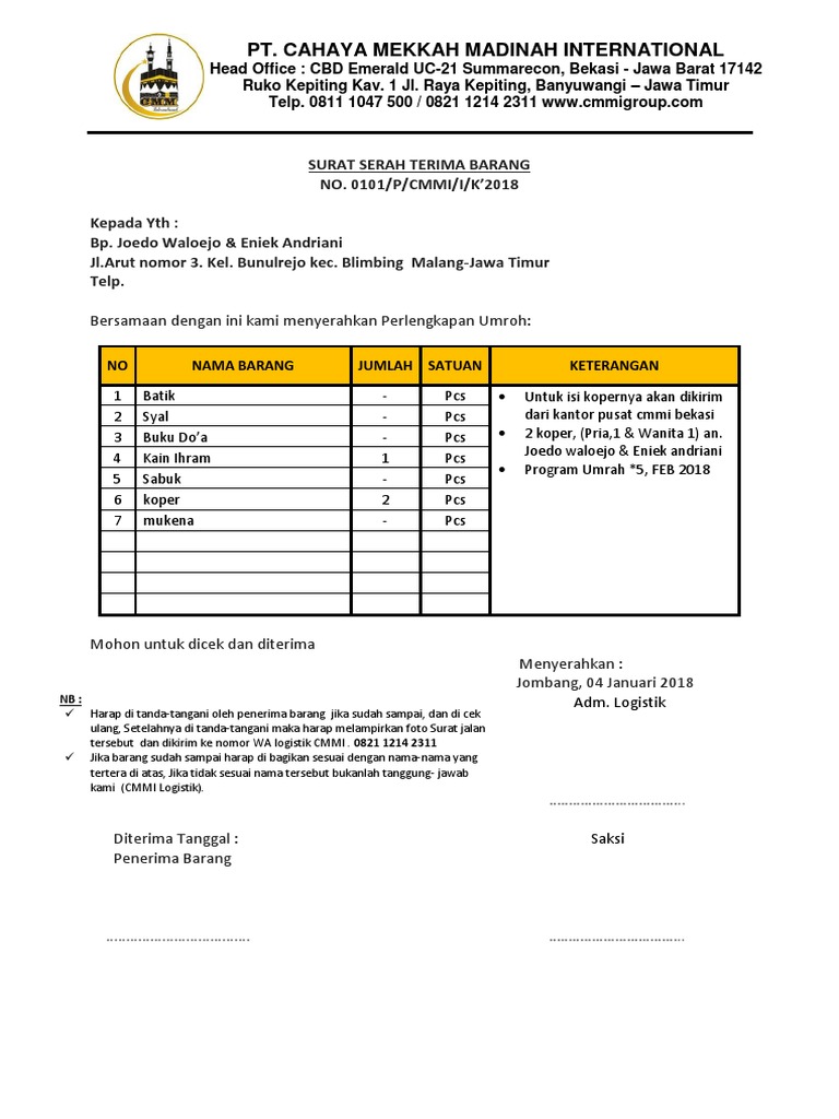 Surat Serah Terima Barang 2018 Tc Jombangdocx