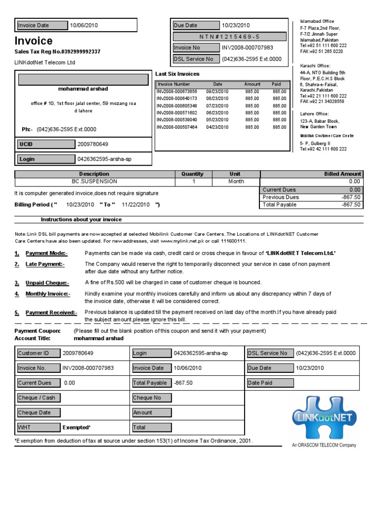 LINKdotNet Telecom Invoice Details | PDF | Payments | Cheque