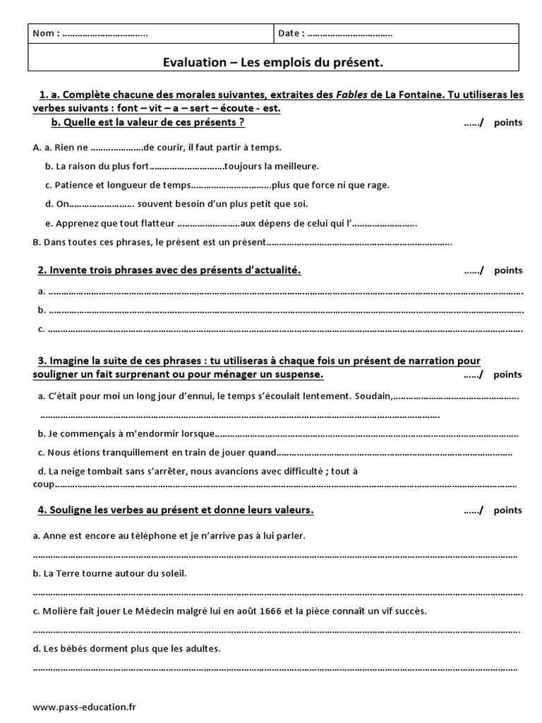 Exercice De Francais 6eme Conjugaison A Imprimer Emplois Du Présent 6ème Evaluation | PDF