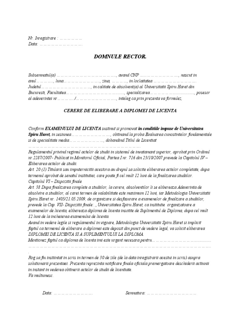 Domnule Rector. Cerere De Eliberare A Diplomei De Licenta