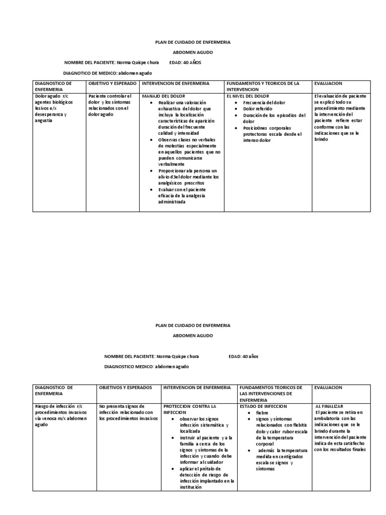 Plan de Cuidado de Enfermeria | PDF | Dolor | Enfermería