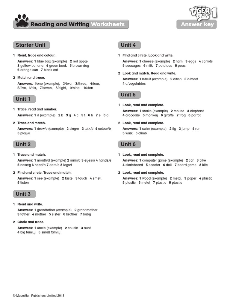Reading and Writing Answer Key Worksheets PDF
