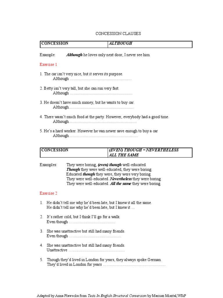 Concession Clauses Exercises | PDF | English Language
