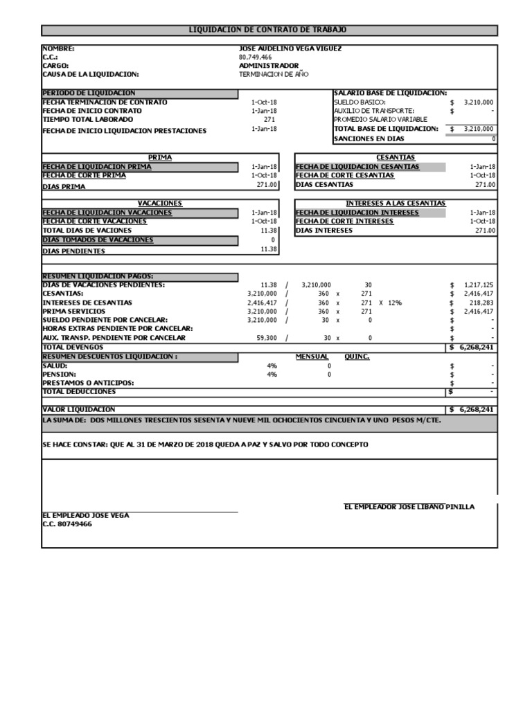 Formato para Liquidar Contrato de Trabajo A Termino Fijo | PDF