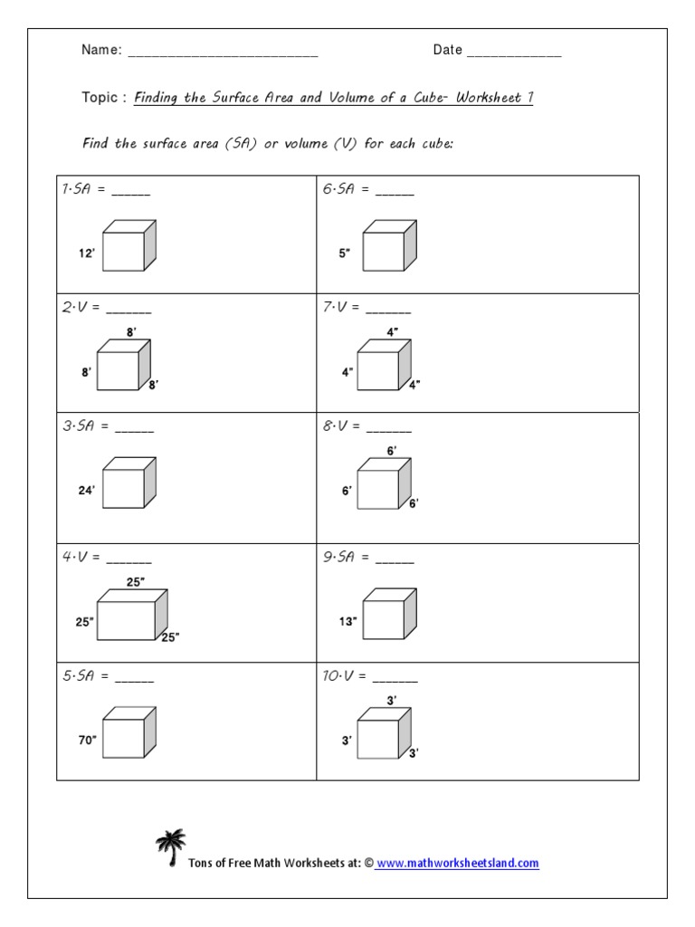 Cube Worksheet With Regard To Surface Area And Volume Worksheet