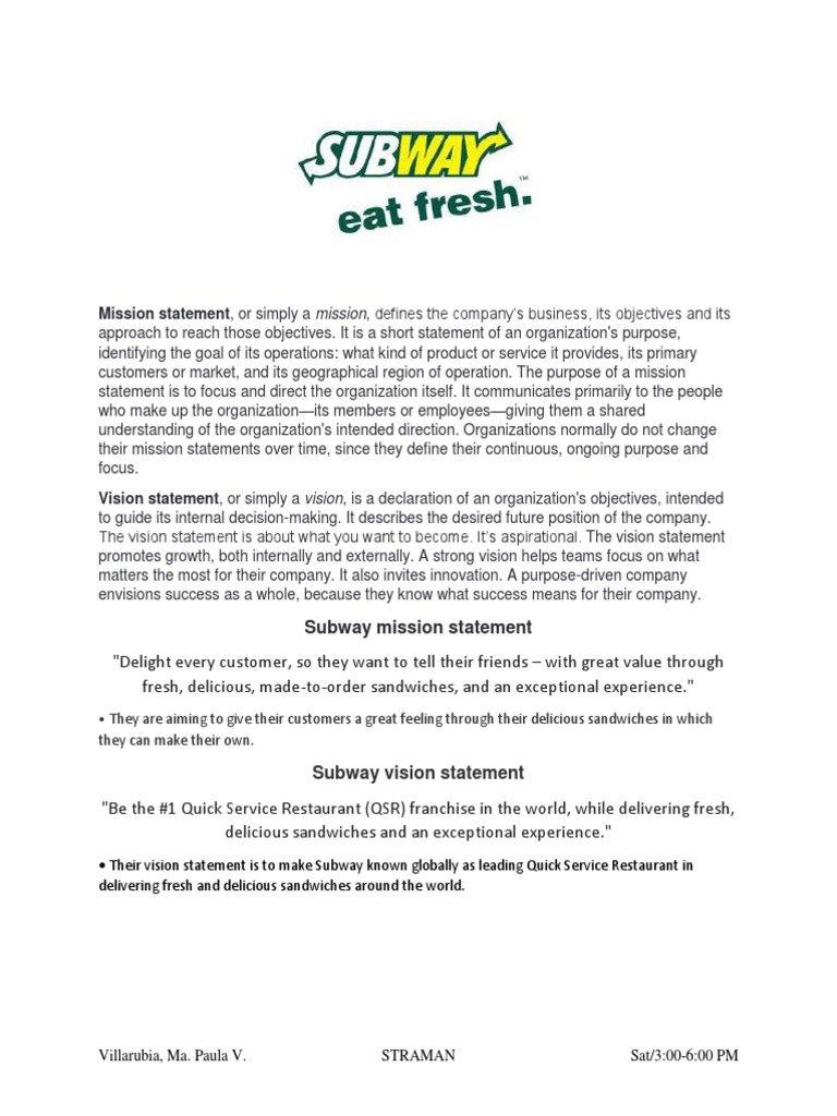 Subway Mission and Vision Statements | PDF | Business | Self-Improvement