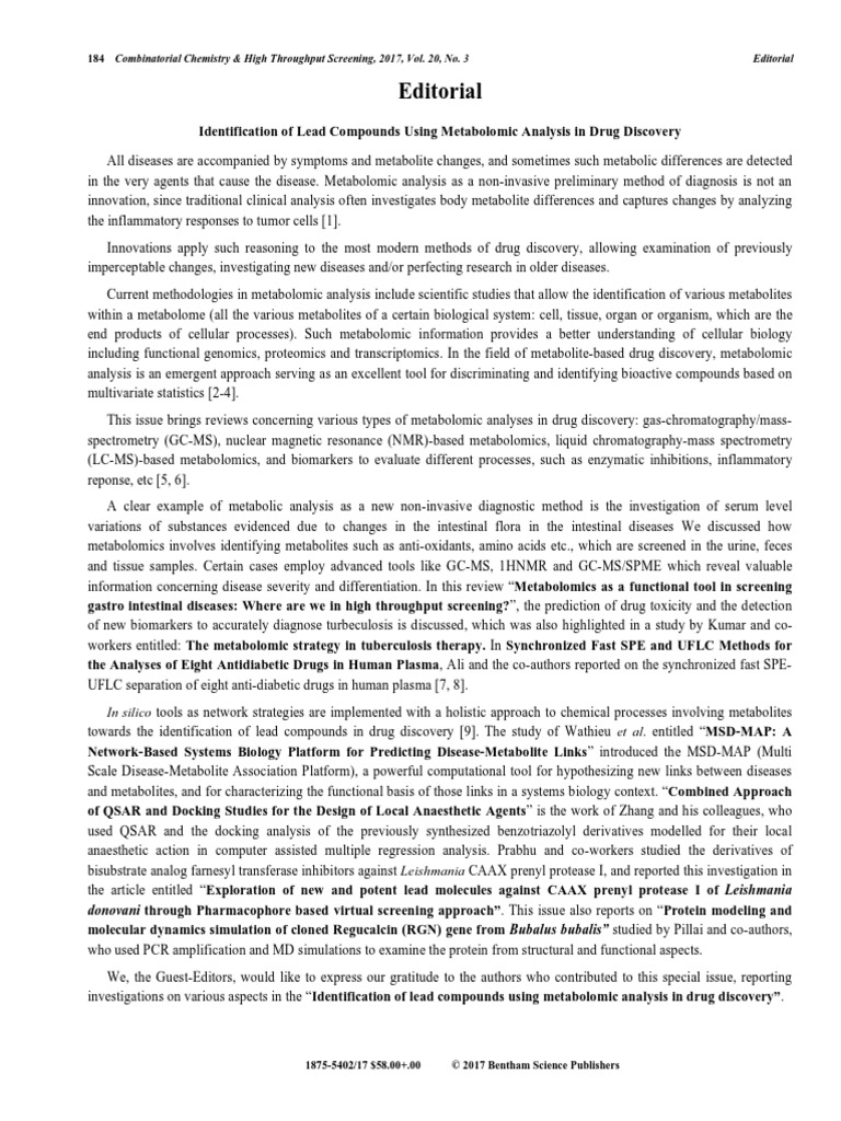 Editorial: 184 Combinatorial Chemistry & High Throughput Screening ...
