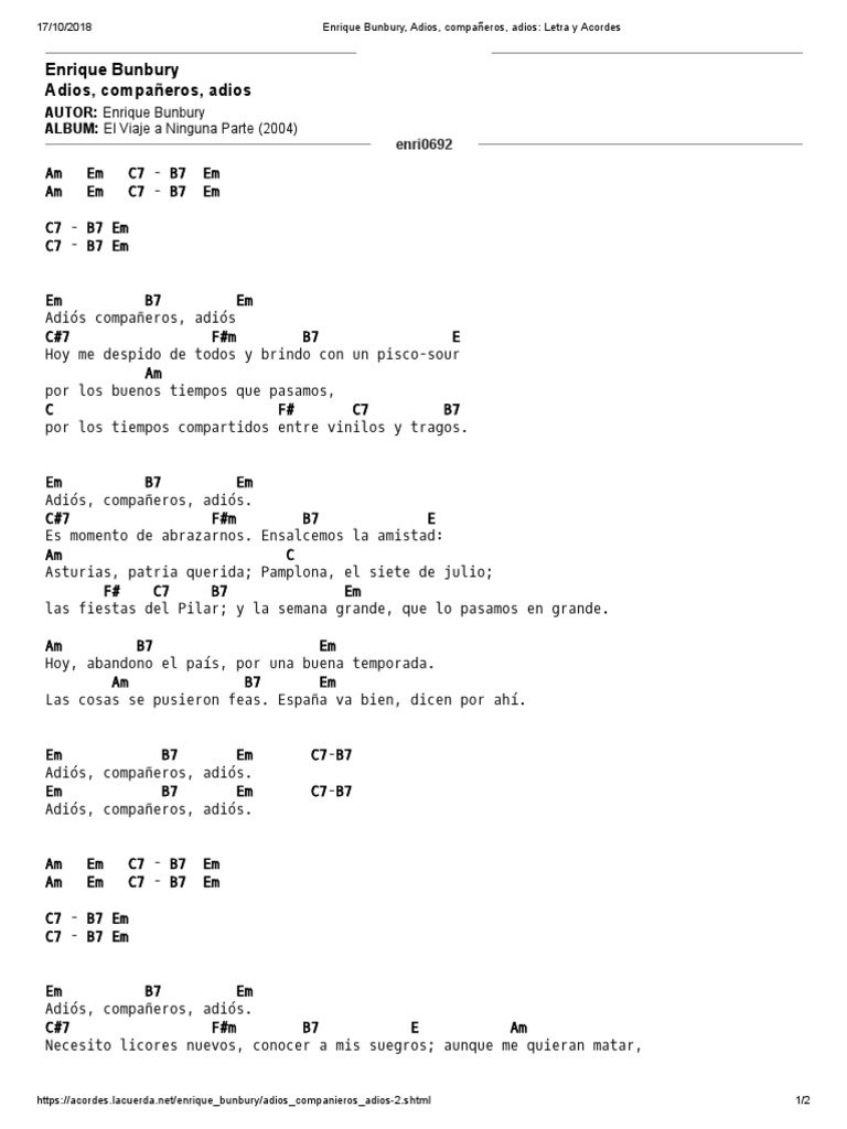 Enrique Bunbury, Adios, Compañeros, Adios_ Letra y Acordes Música