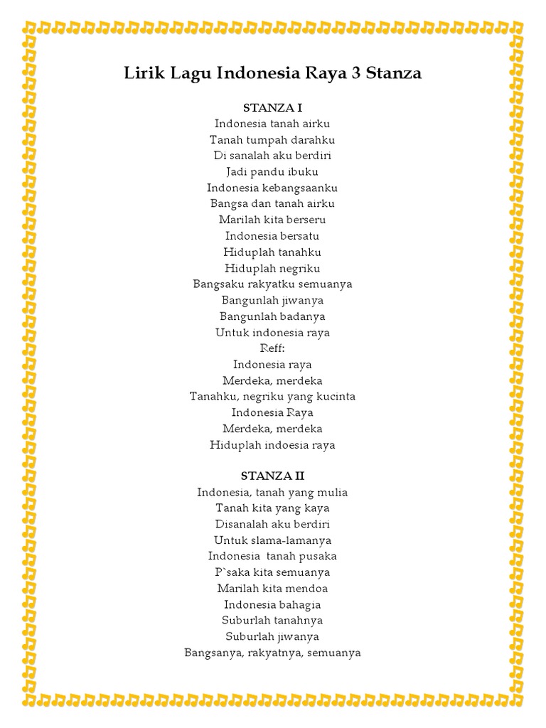 Lirik Lagu Indonesia Raya 3 Stanza | PDF