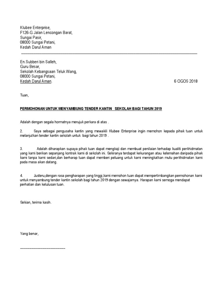 Surat Sambung Tender Kantin Sekolah 2019 Pdf