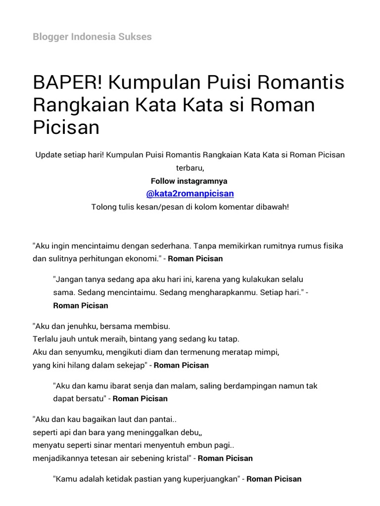 BAPER Kumpulan Puisi Romantis Rangkaian Kata Kata Si Roman Picisan Blogger Indonesia Sukses