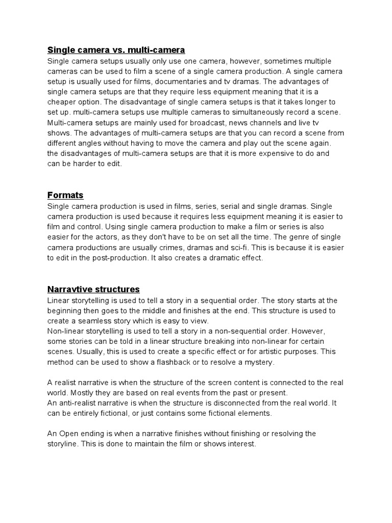 Single vs Multi-Camera Production Insights | PDF | Entertainment | Leisure
