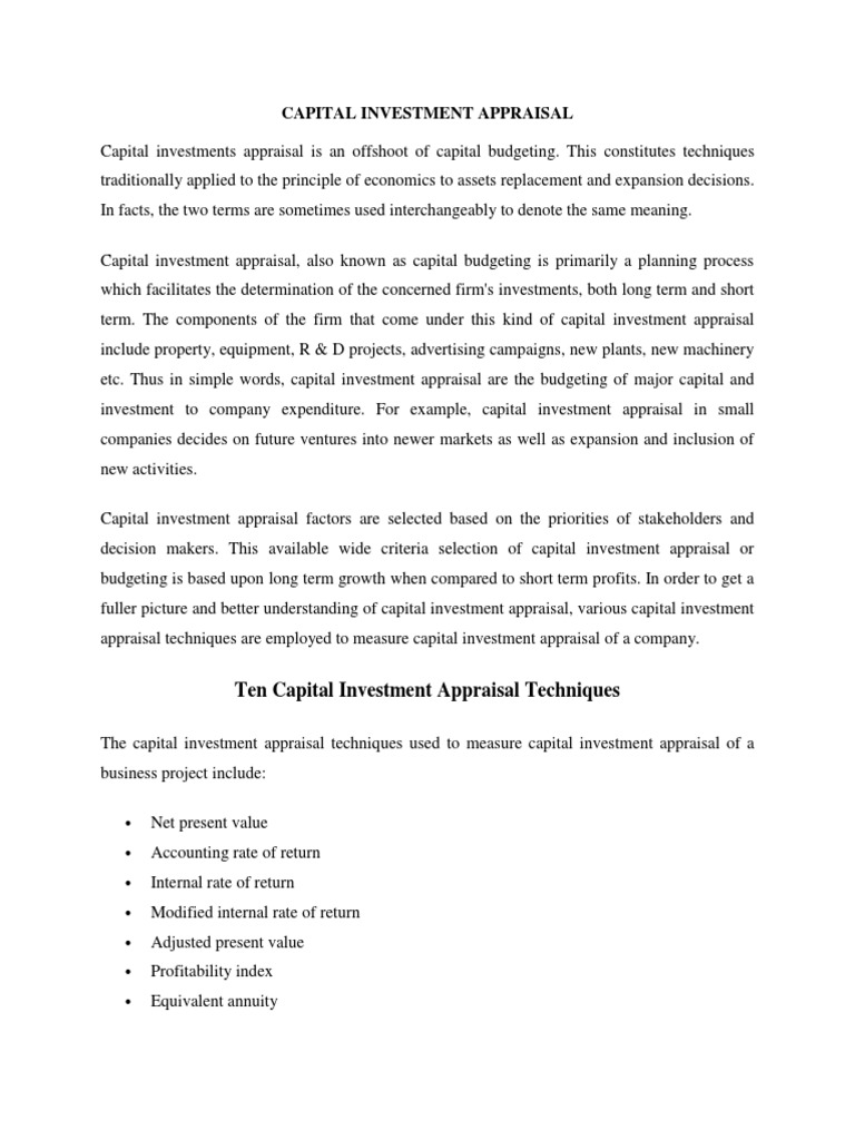 Capital Investment Appraisal Techniques | PDF | Capital Budgeting ...