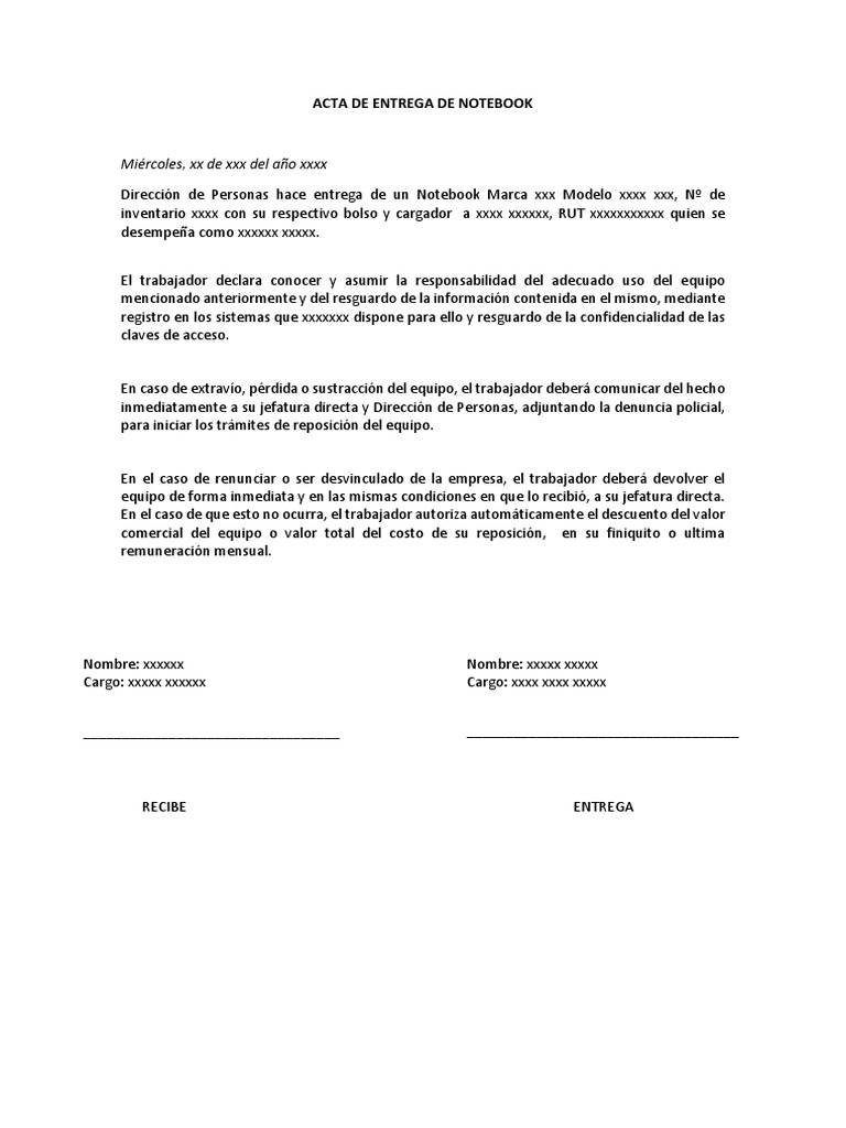 Acta de Entrega de Notebook Tipo PDF