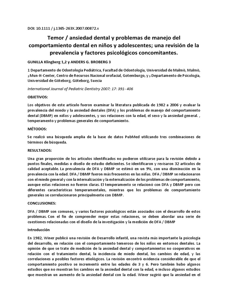 Temor Ansiedad Dental Y Problemas De Manejo Del Comportamiento Dental