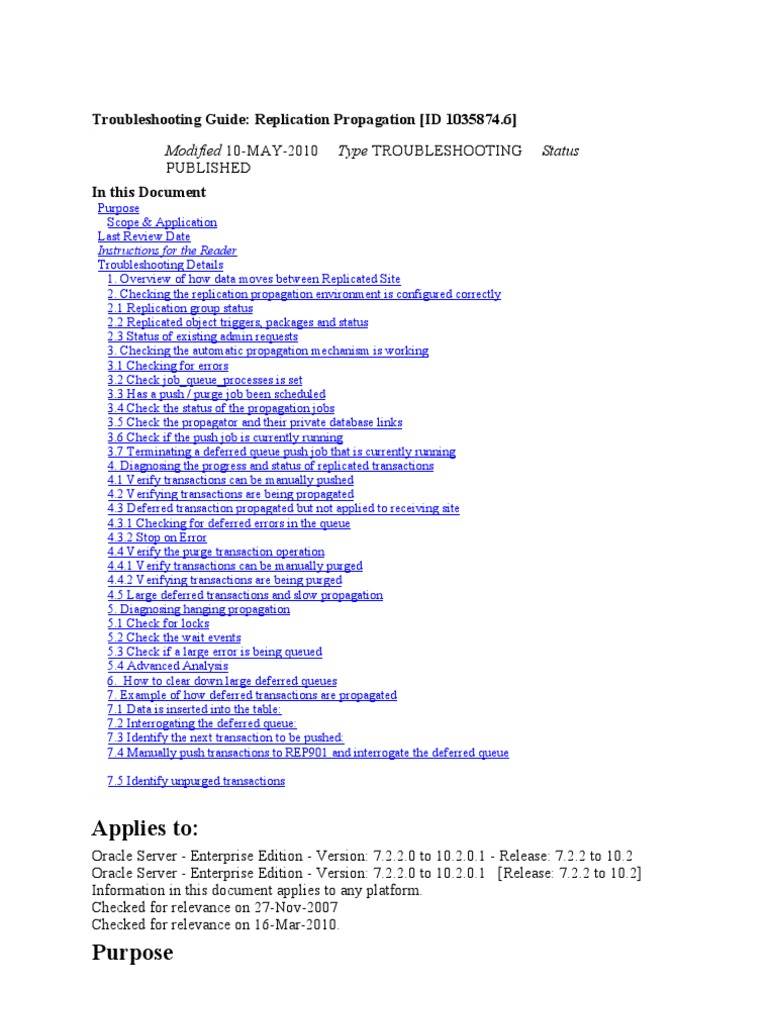 Advanced Replication Troubleshooting Guide | PDF | Oracle Database ...