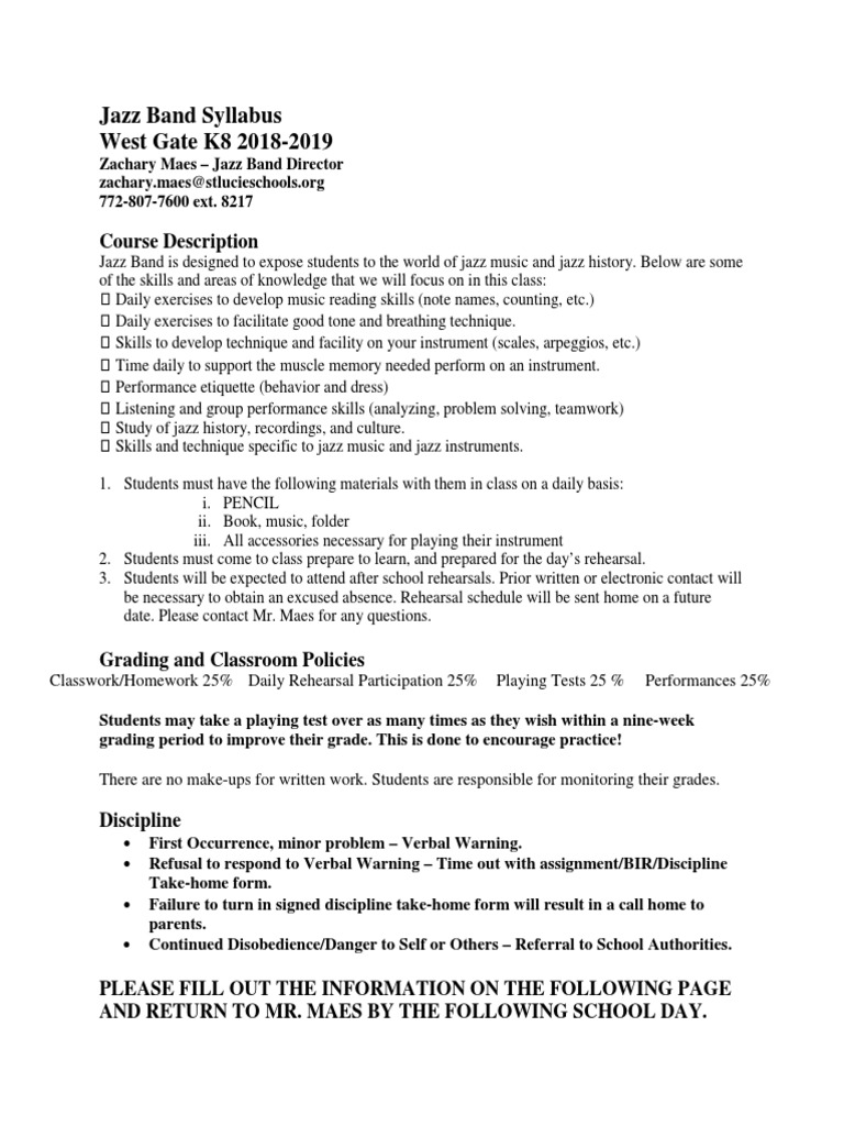 Jazz Band Syllabus 20182019 PDF Homework Teaching