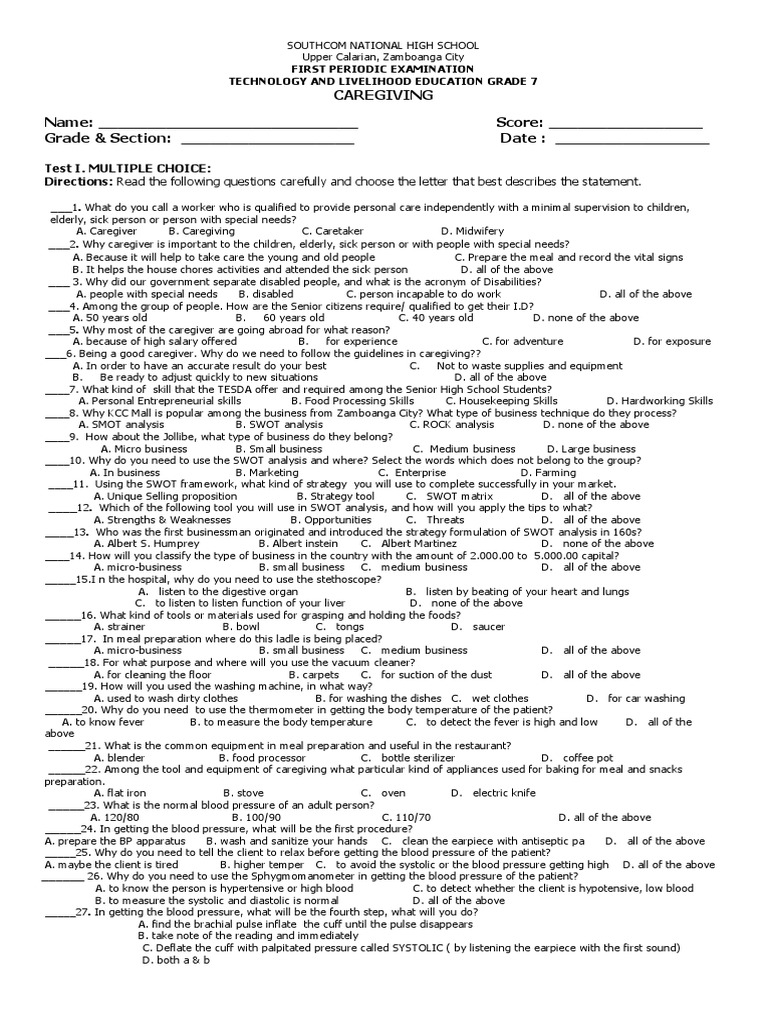 Caregiving Exam Questions and Answers | PDF | Caregiver | Blood Pressure