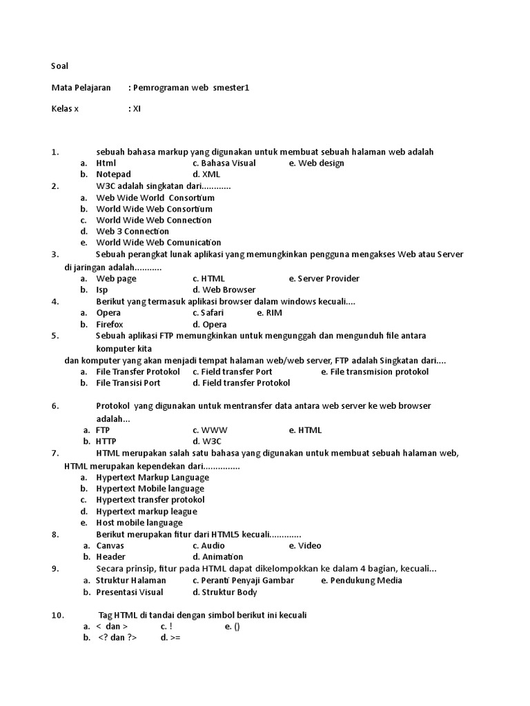 Soal Pemrograman Web Kelas Xi