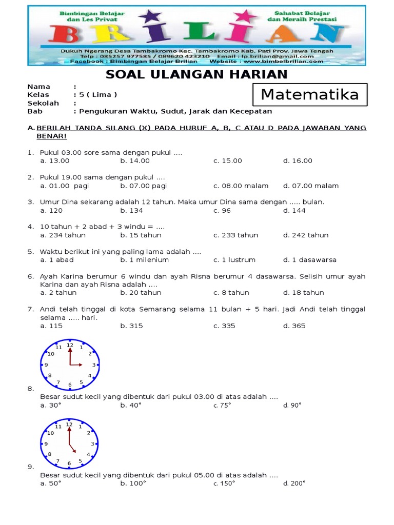 Soal Matematika Kelas 5 SD Bab 3 Pengukuran Waktu, Sudut, Jarak dan