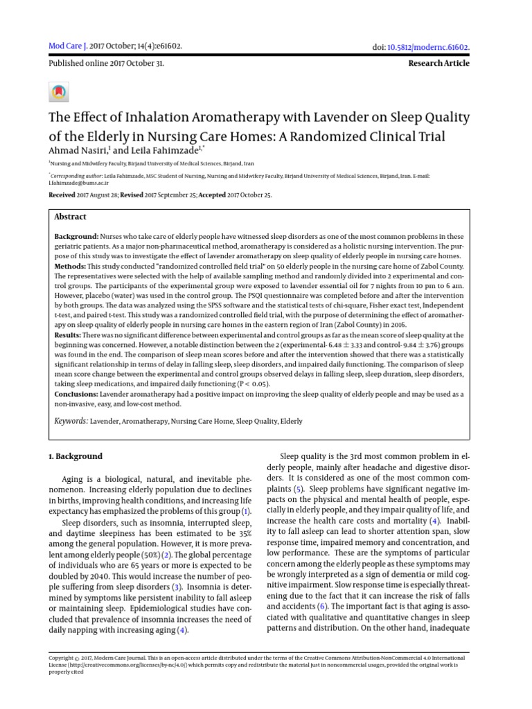 The Effect of Inhalation Aromatherapy With Lavender On Sleep Quality of The Elderly in Nursing