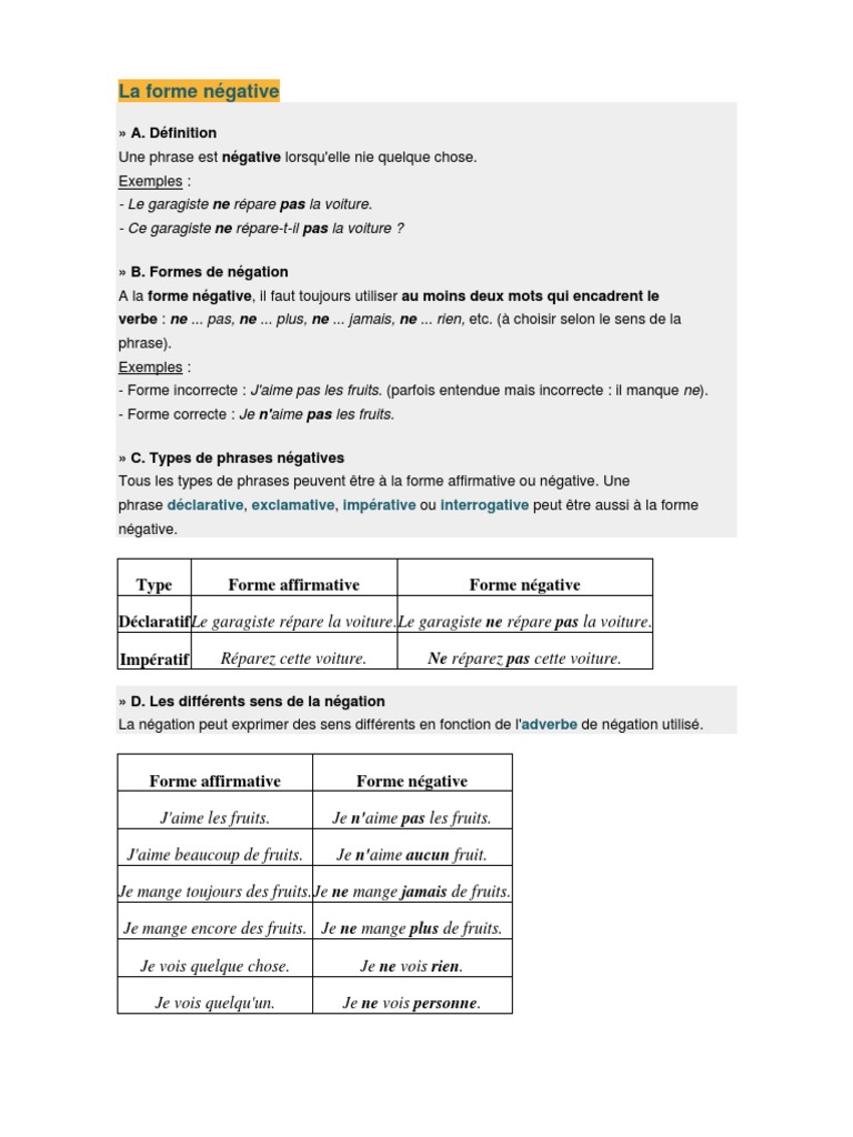 La Forme Negative Phrase Semantique