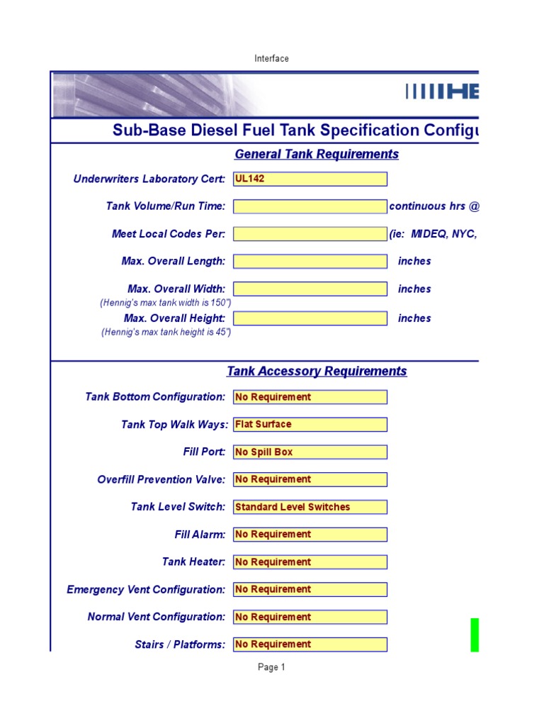 Sub-Base Diesel Fuel Tank Specification Configurator: General Tank ...