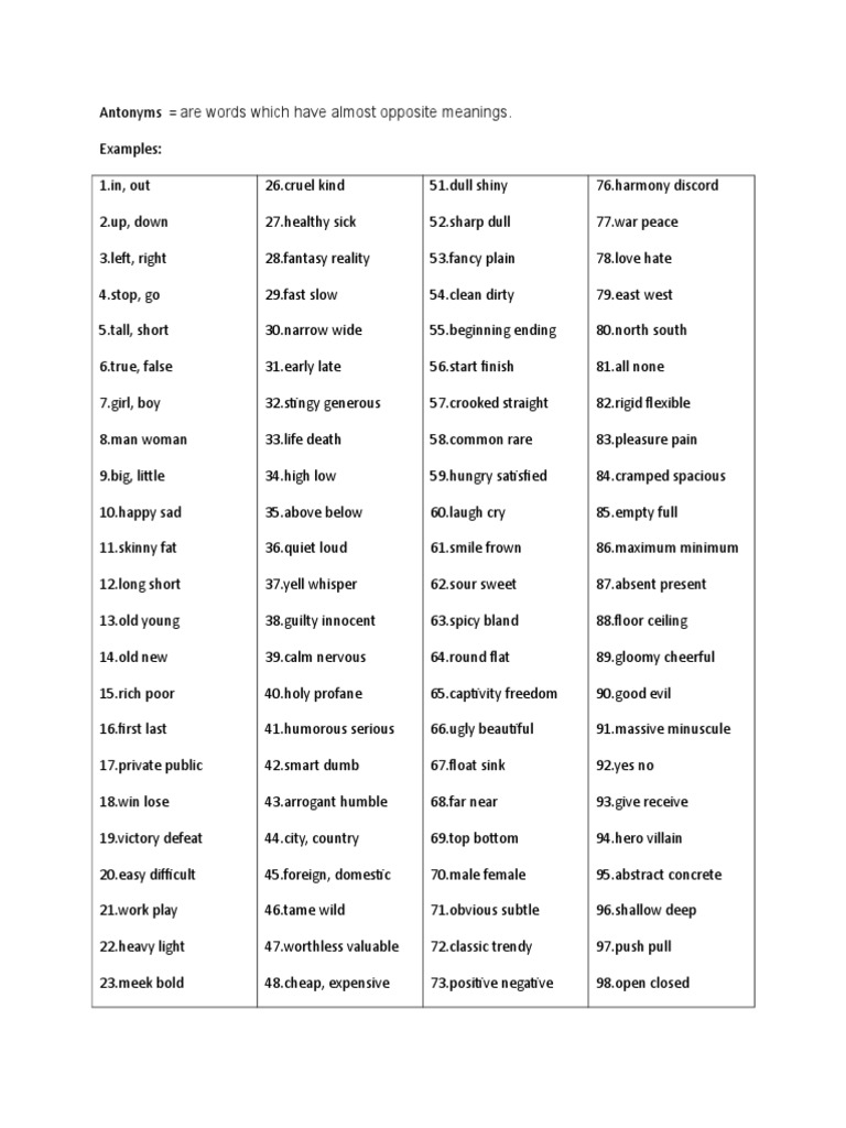 Antonyms: Examples and Meanings | PDF
