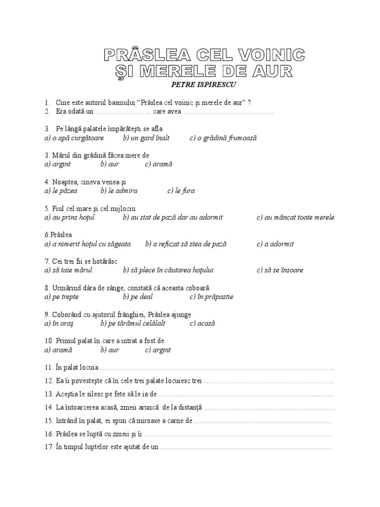 Fisa De Lectura Praslea Cel Voinic Praslea Cel Voinic Fisa de Lucru | PDF