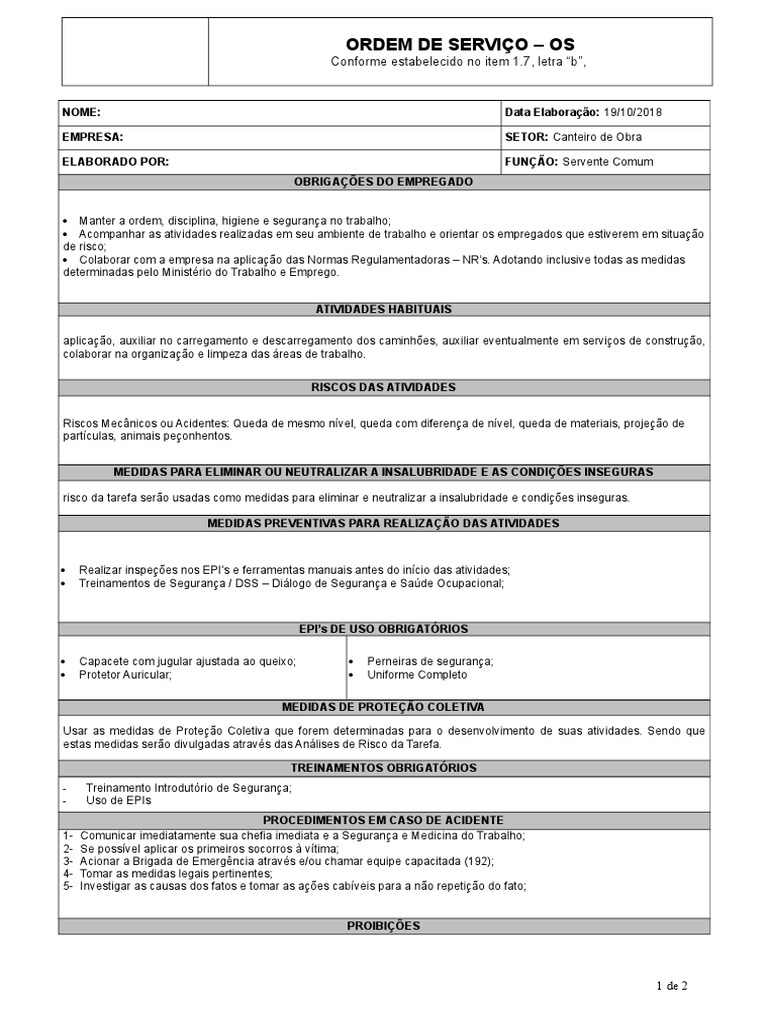 Ordem de Serviço - Servente Comun | PDF | Lei Trabalhista | Trabalho