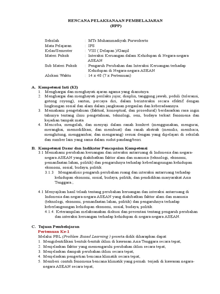 Rpp No 003 K 13 Ips Viii Pengaruh Perubahan Dan Interaksi Keruangan Terhadap Kehidupan Di Negara Negara Asean