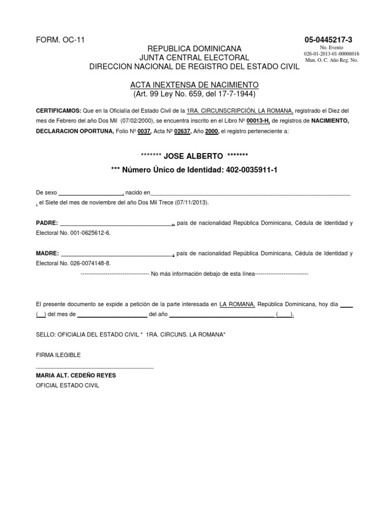 Ejemplo De Acta De Nacimiento Dominicana Anuncio De Nacimiento