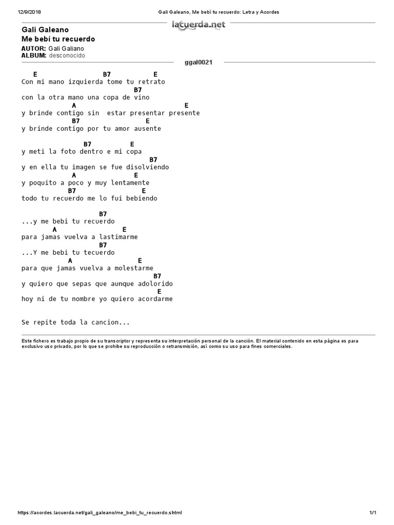 Gali Galeano, Me Bebí Tu Recuerdo - Letra y Acordes | PDF