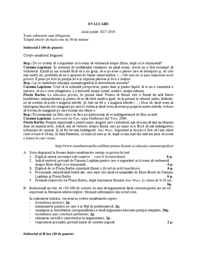 Test Romana Clasa aXI | PDF