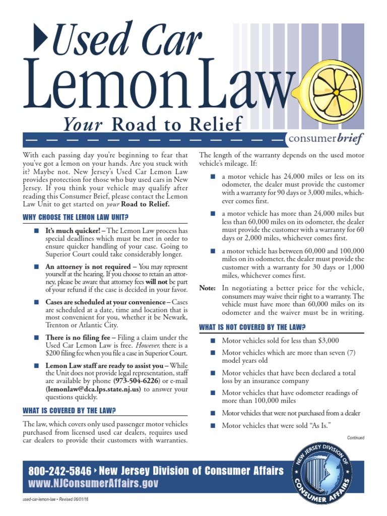 NJ Lemon Law PDF Used Car Transmission (Mechanics)