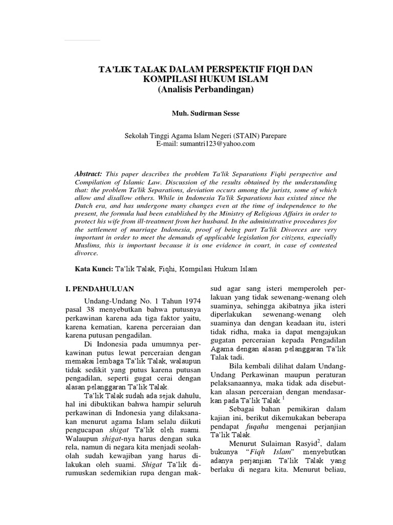 Talik Talak Dalam Perspektif Fiqh Dan Kompilasi Hukum Islam PDF | PDF