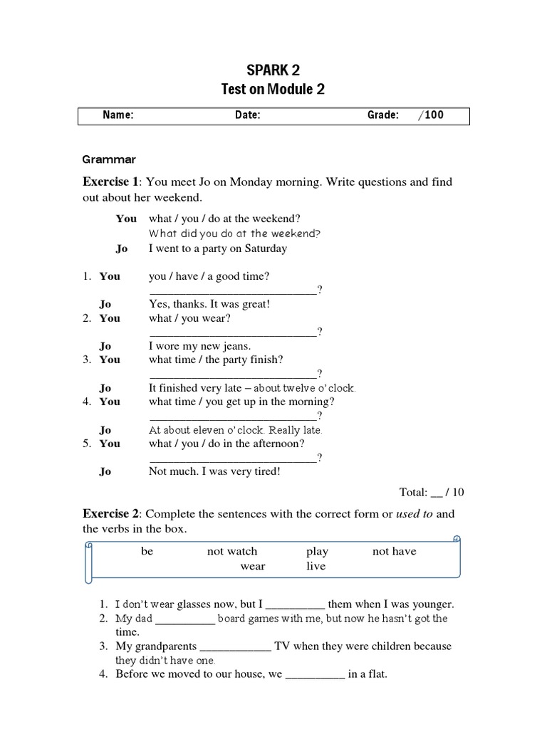 Spark 2 Test On Module 2: Name: Date: Grade: /100 | PDF