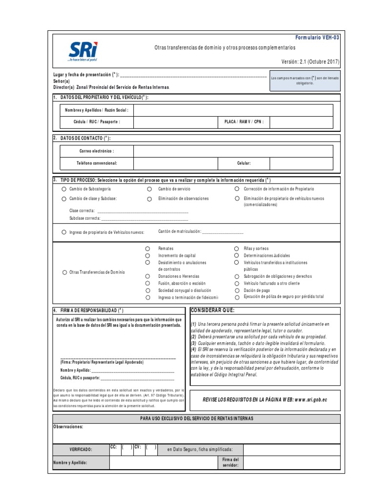 Formulario VEH-03 para Transferencias de Dominio | PDF | Pasaporte ...