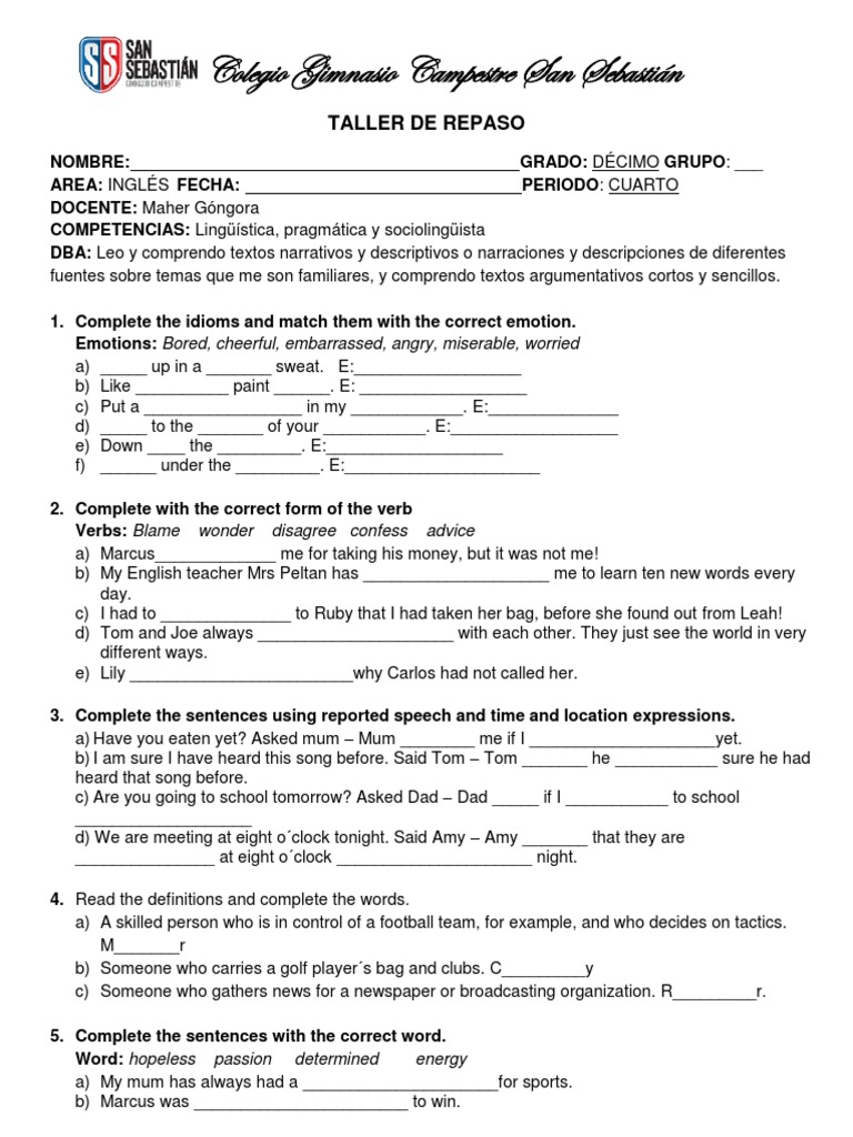 Taller de Repaso Décimo | PDF | Grammar | Syntax