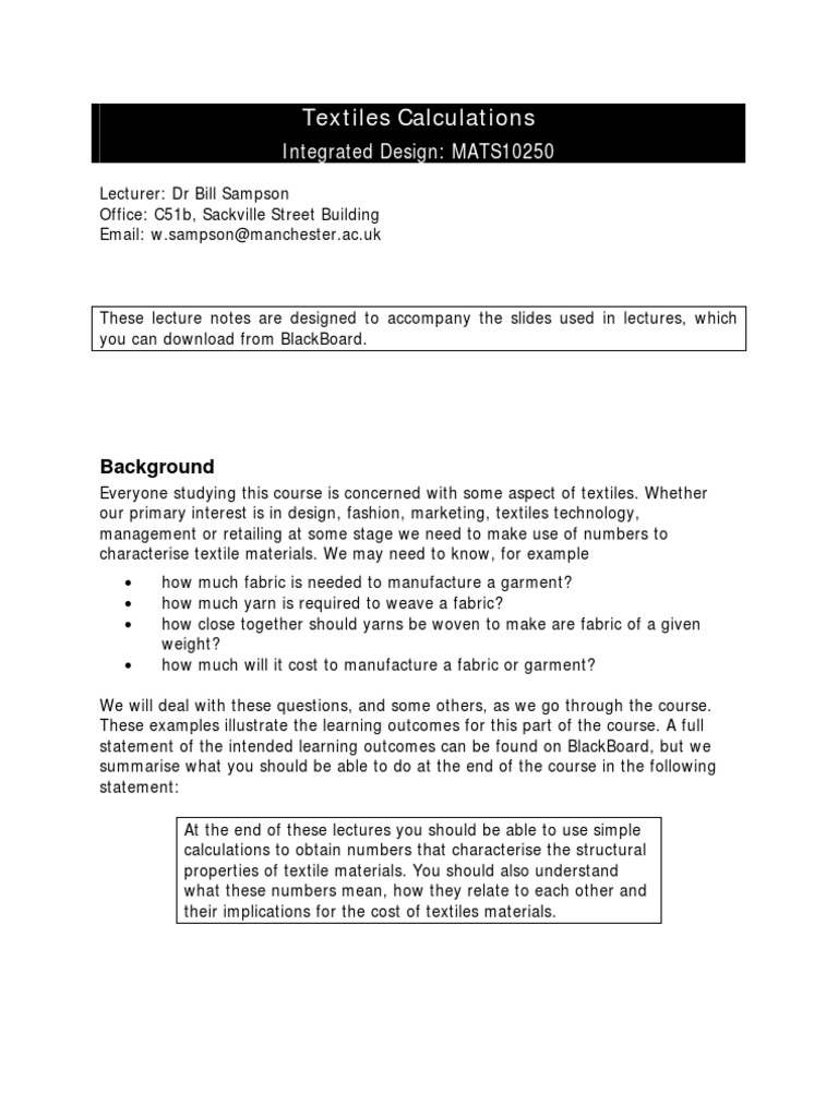 Textiles Calculations Integrated Design MATS10250 PDF Yarn Spinning (Textiles)