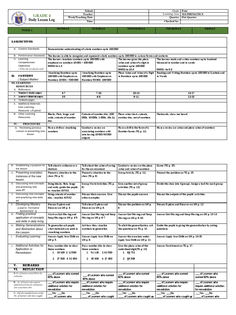 Grade 4 Math Lesson Plan: Numbers | PDF | Teachers | Educational Psychology
