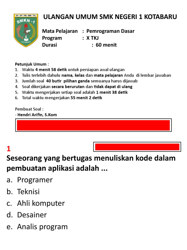 Pemrograman Dasar Soal Kelas x