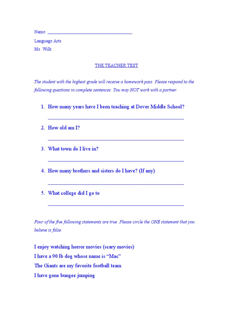 Teacher Test Questions for Students | PDF