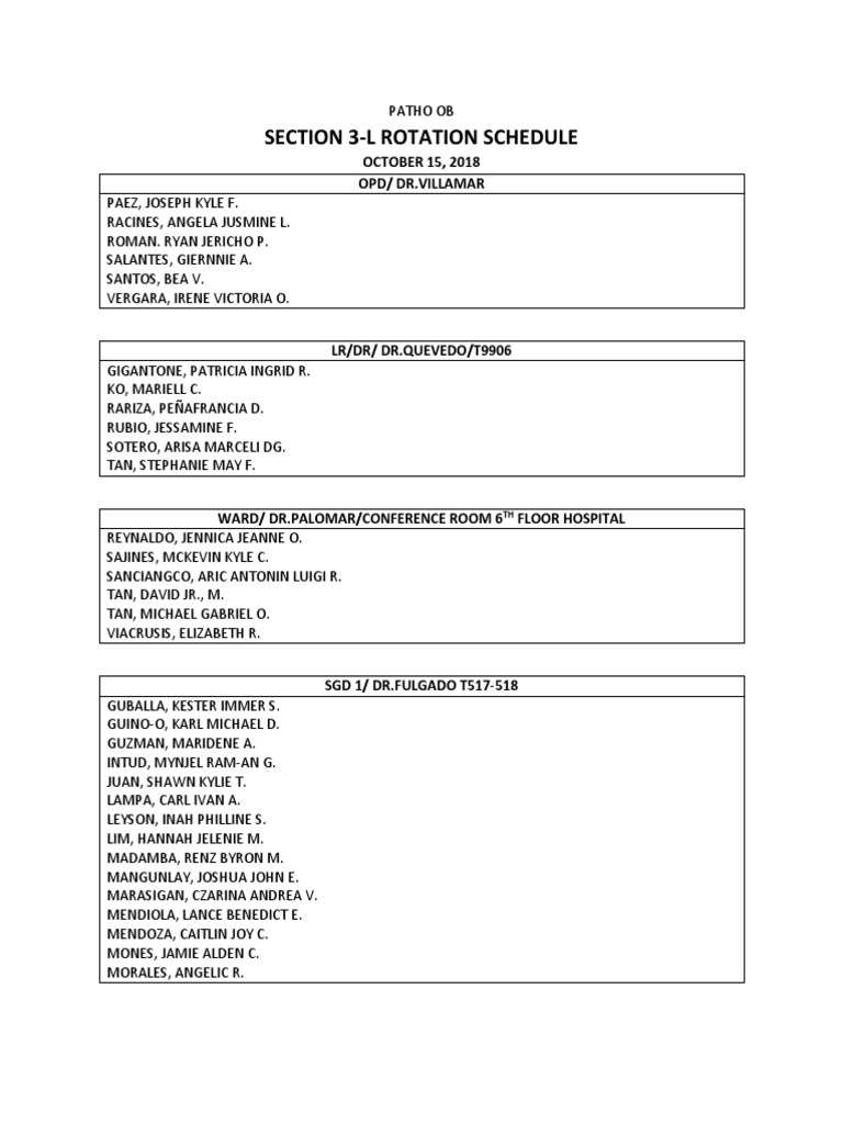 Section 3-L Rotation Schedule: OCTOBER 15, 2018 Opd/ DR - Villamar ...