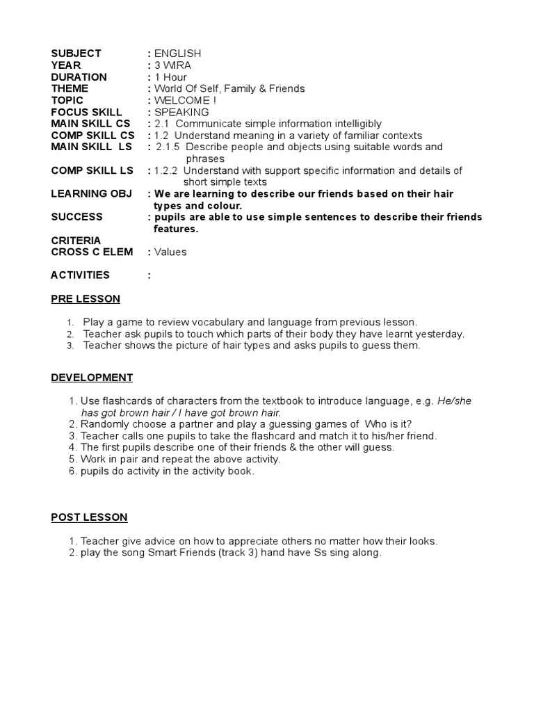 Year 3 CEFR Lesson Plan